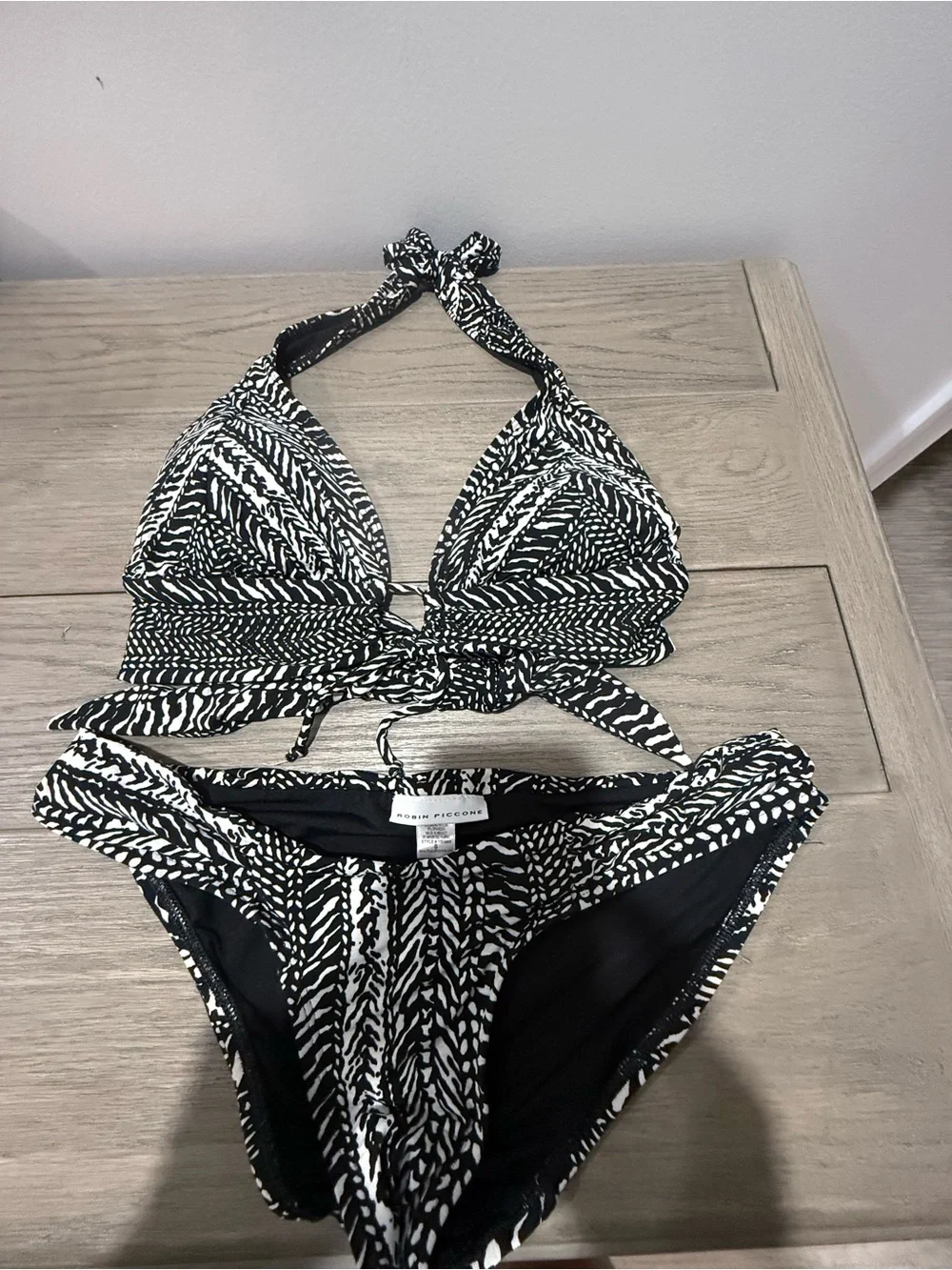 Robin Piccone Black and White Halter Tie-Front Bikini Set
